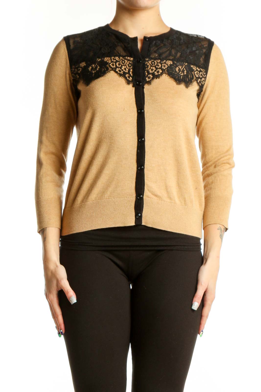 Beige Lace Trim Cardigan Sweater Front