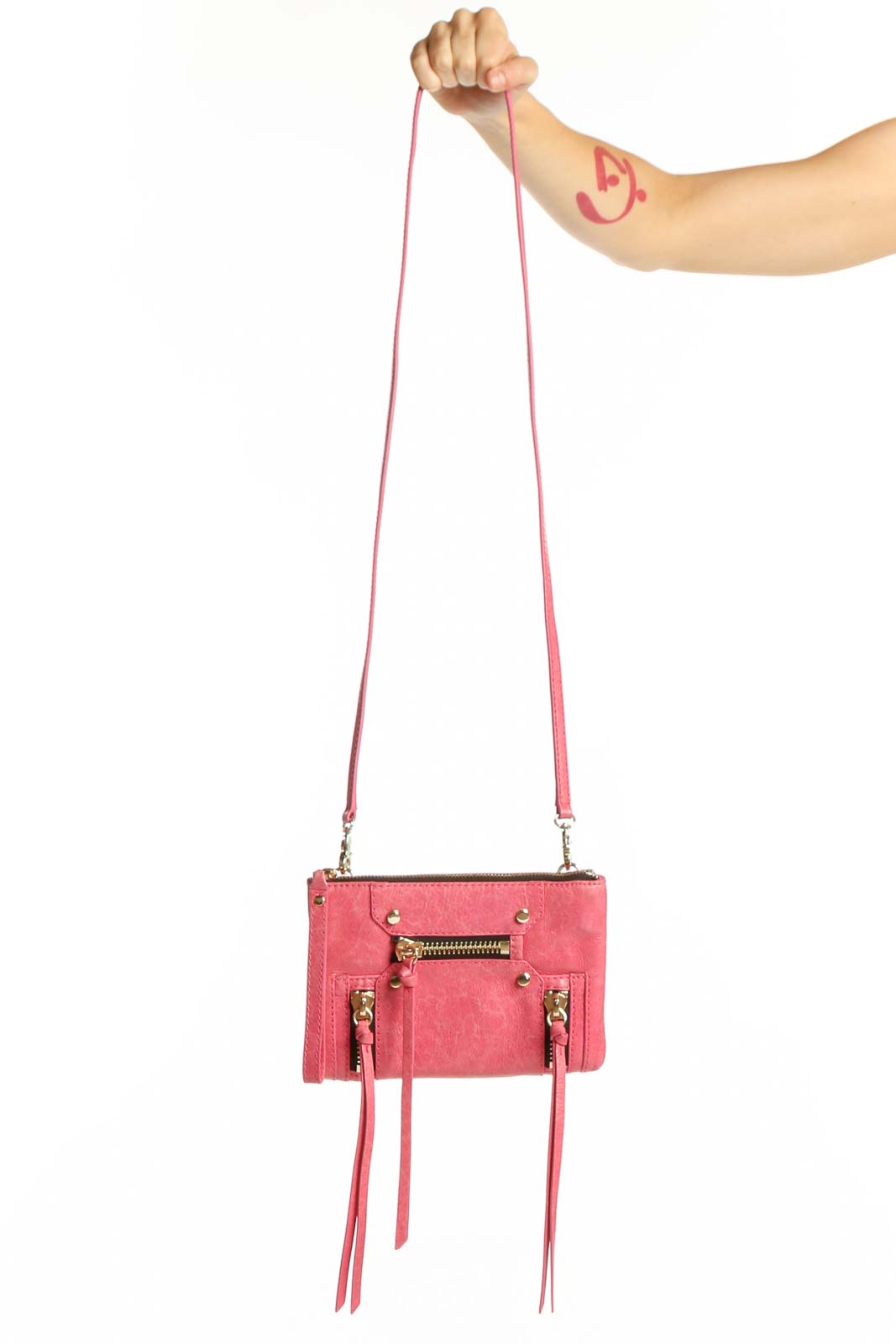 Pink Leather Crossbody Bag with Fringe Front