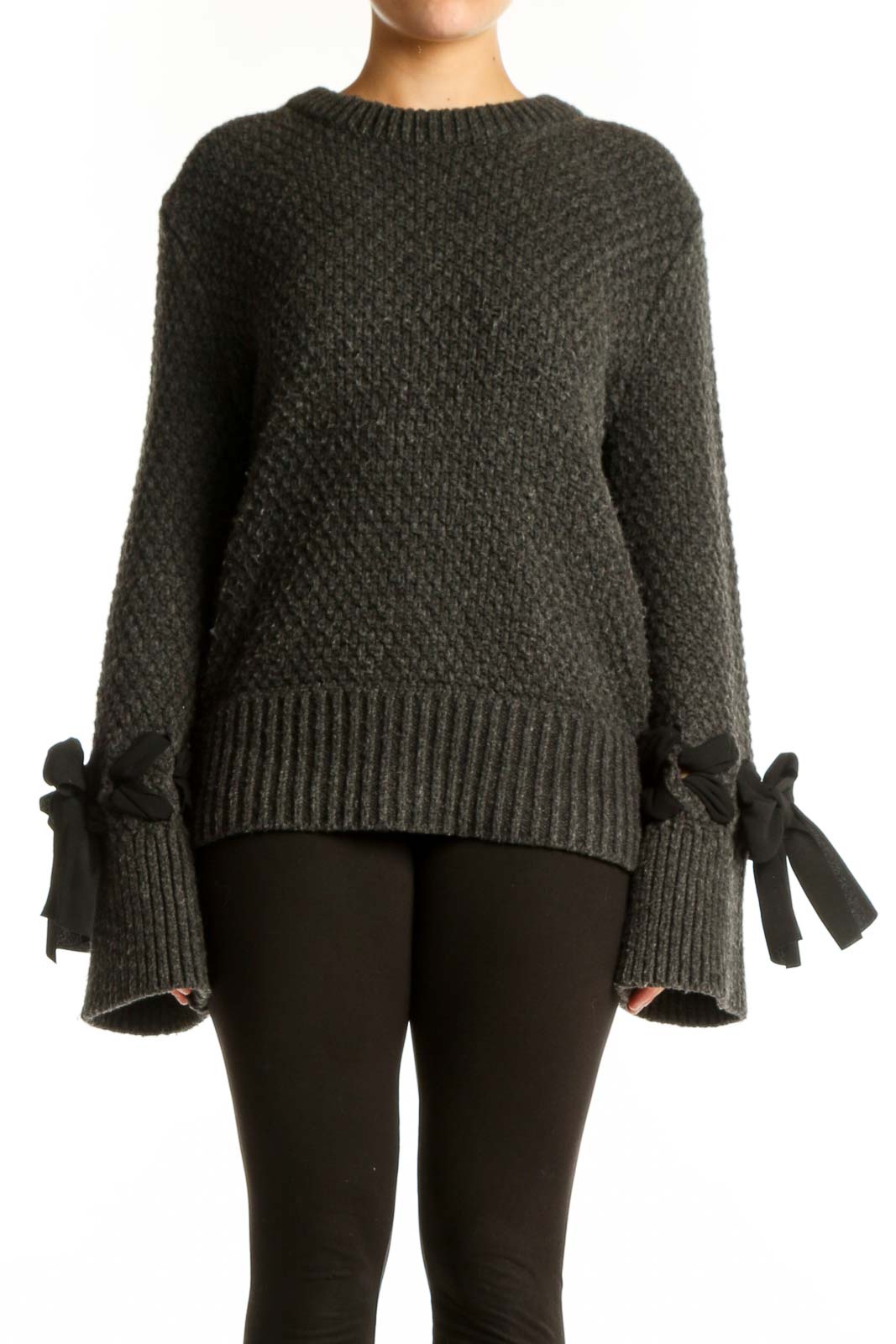 Gray Alpaca Blend Pullover Sweater with Bow Cuffs Front