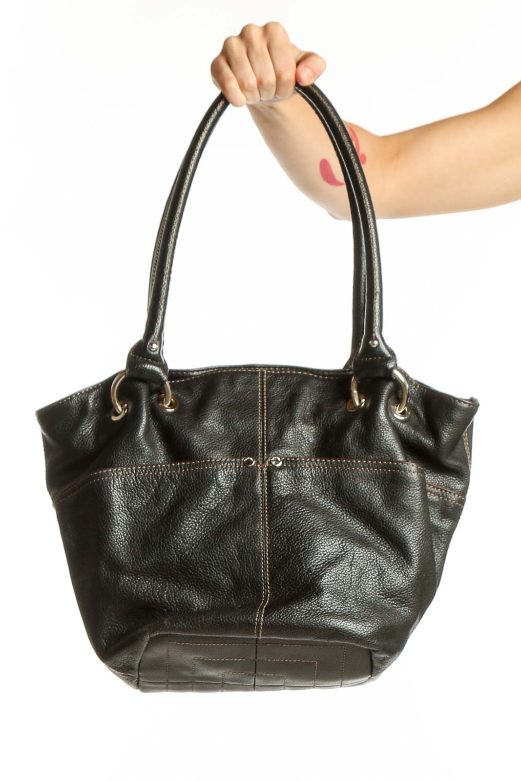Black Leather Shoulder Tote Bag Front