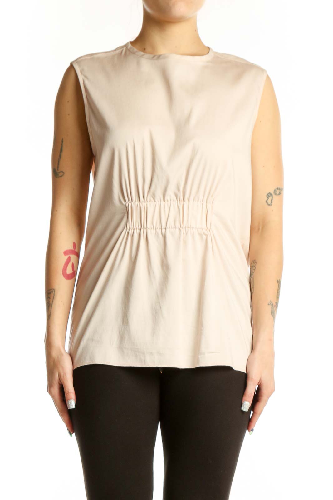 Cream Sleeveless Ruched Modal Top Front