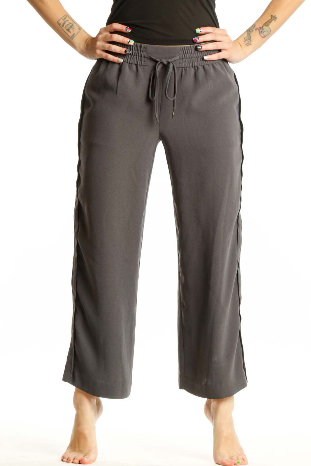 Gray Drawstring Cropped Pants Front