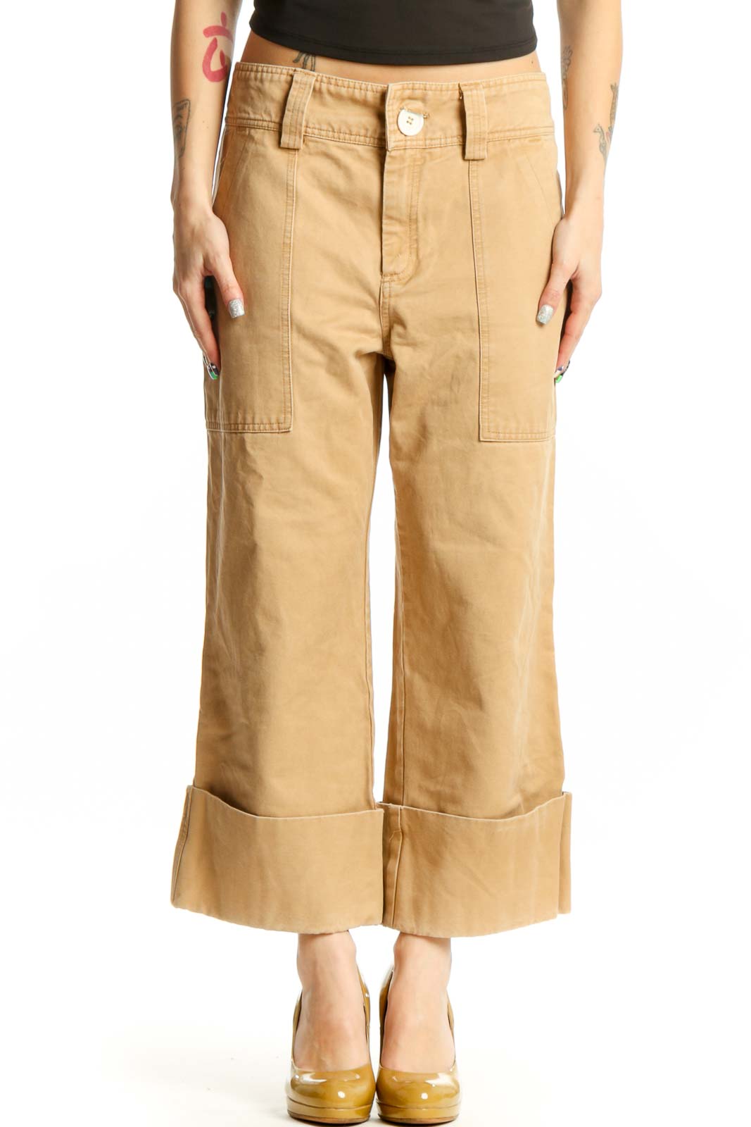 Beige Cargo Cropped Cotton Pants Front