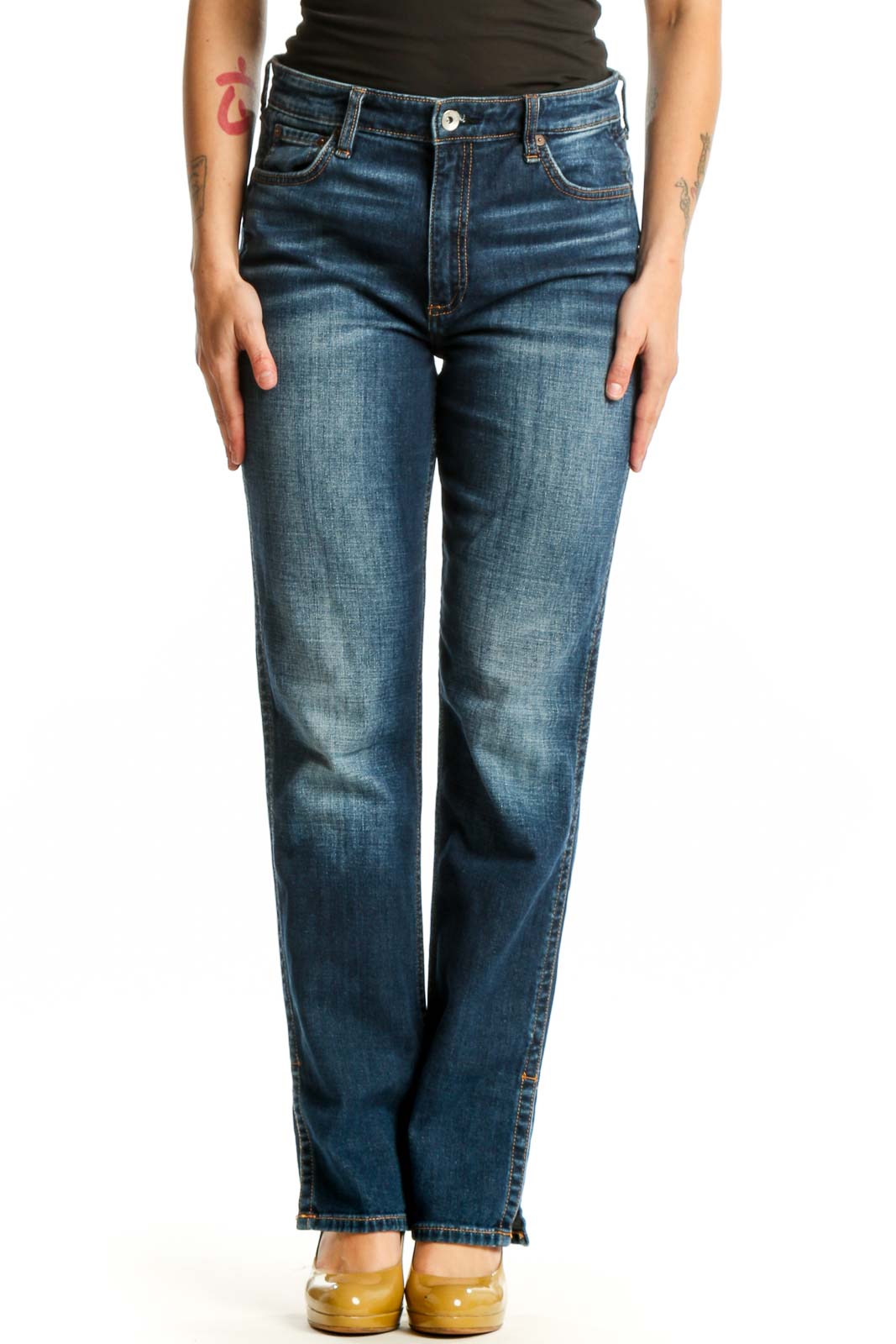 Blue Medium Wash Straight Leg Denim Jeans Front