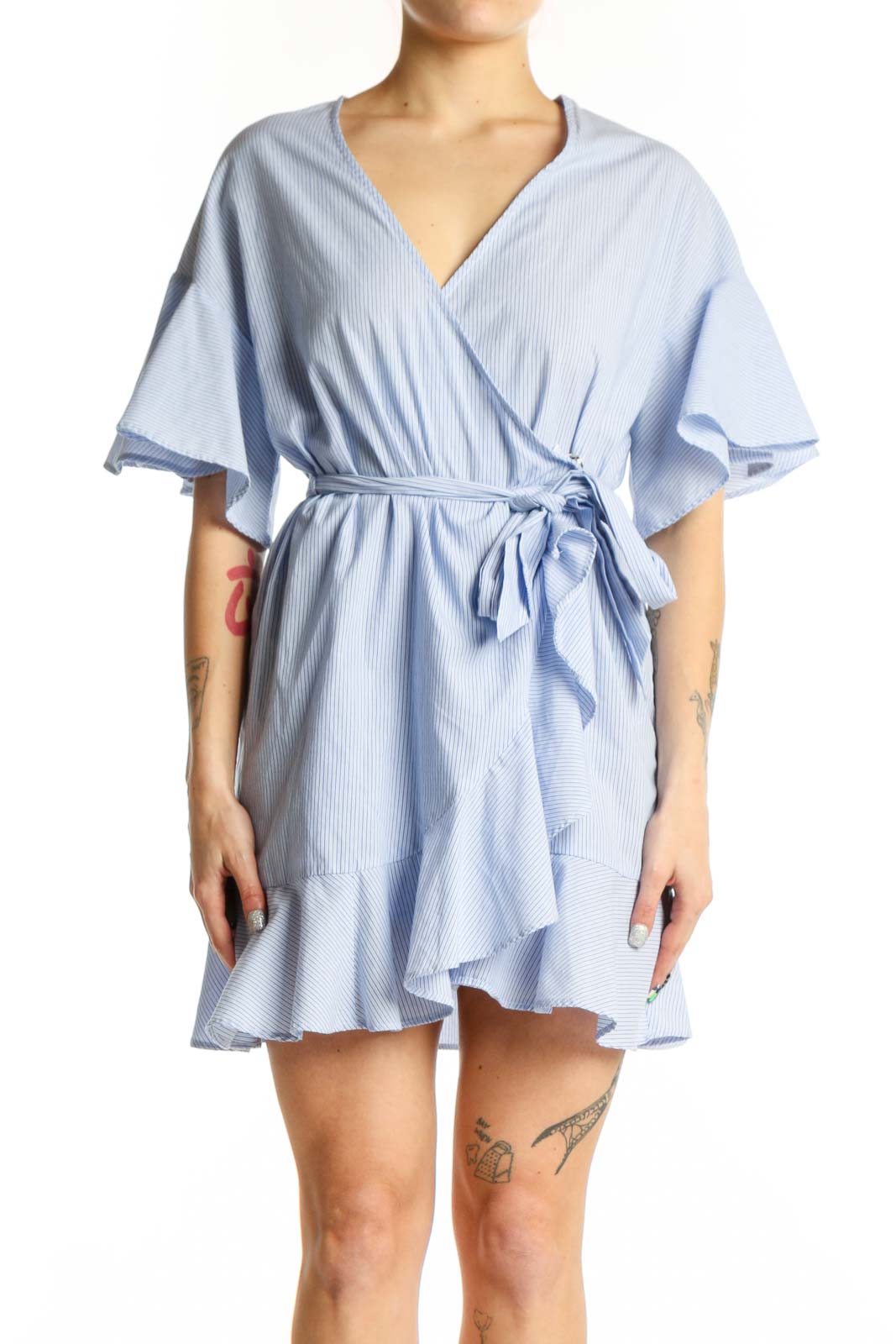 Blue Striped Wrap Flutter Sleeve Dress Front