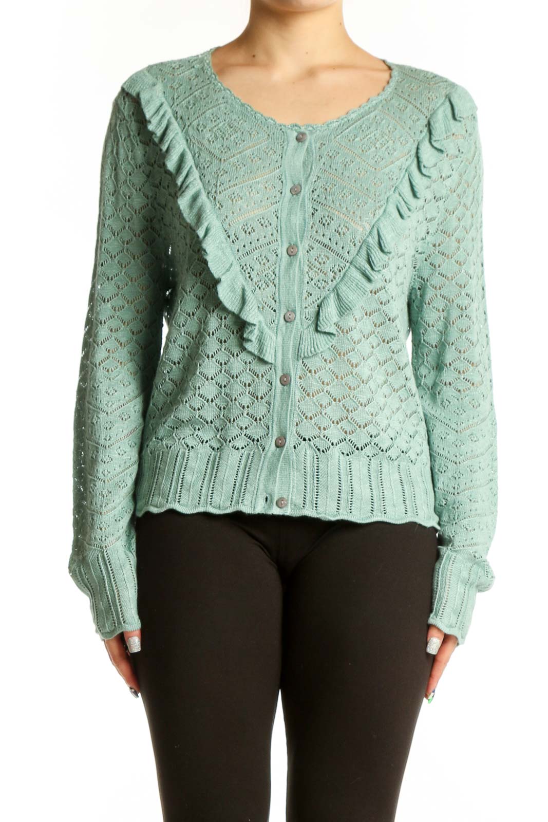 Sage Green Linen Rayon Ruffle Cardigan Front