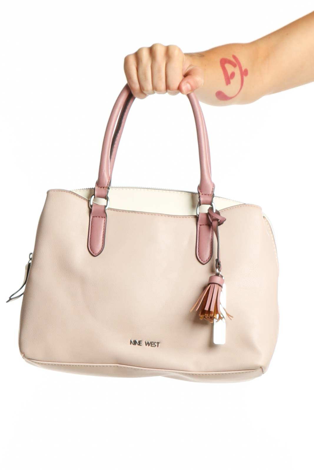 Cream Leather Shoulder Bag with Pink Handles Front