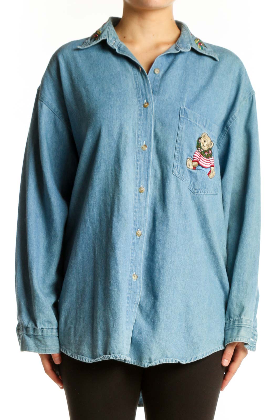 Blue Denim Button-Up Shirt with Teddy Bear Embroidery Front