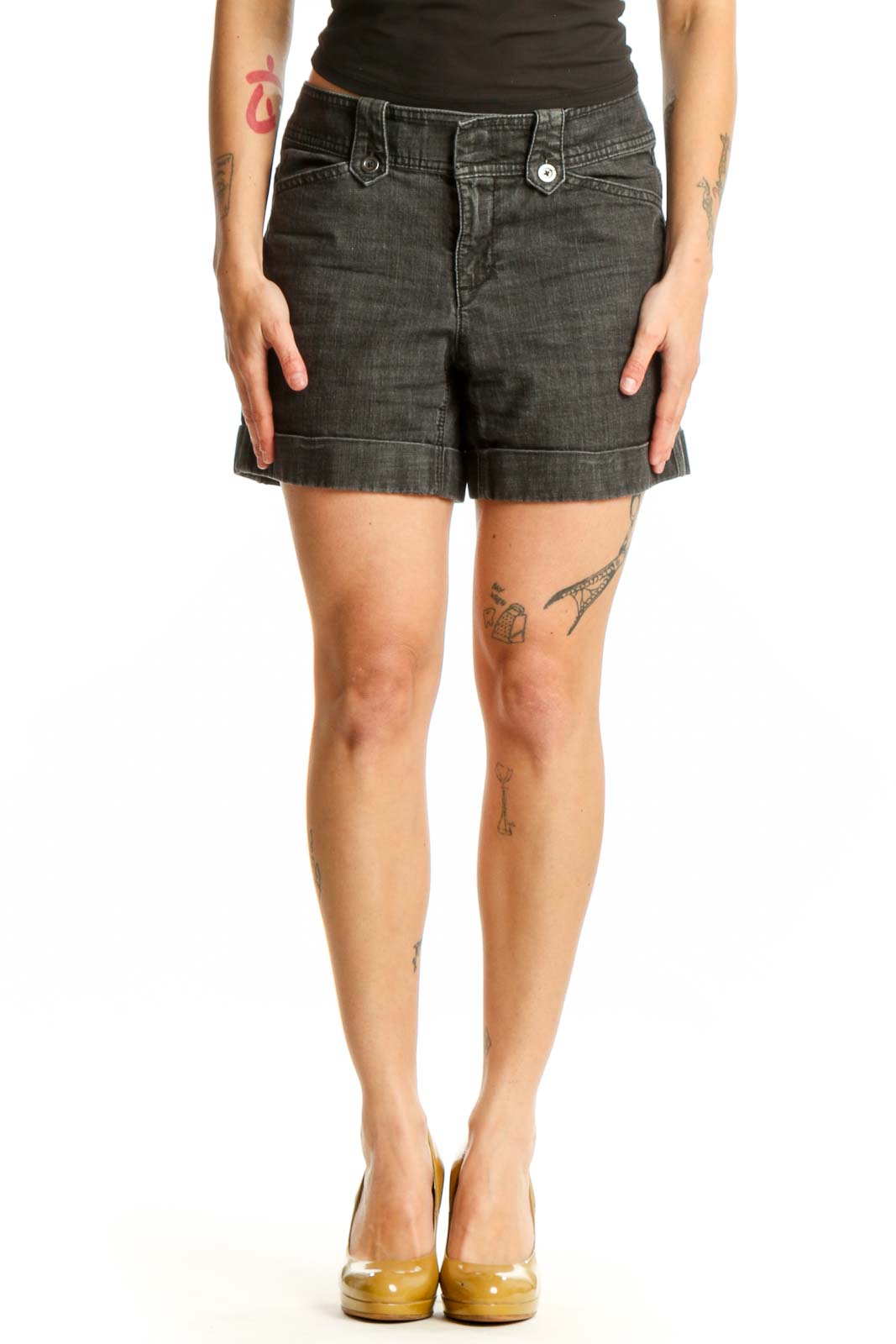 Charcoal Denim Shorts with Rolled Cuffs Front