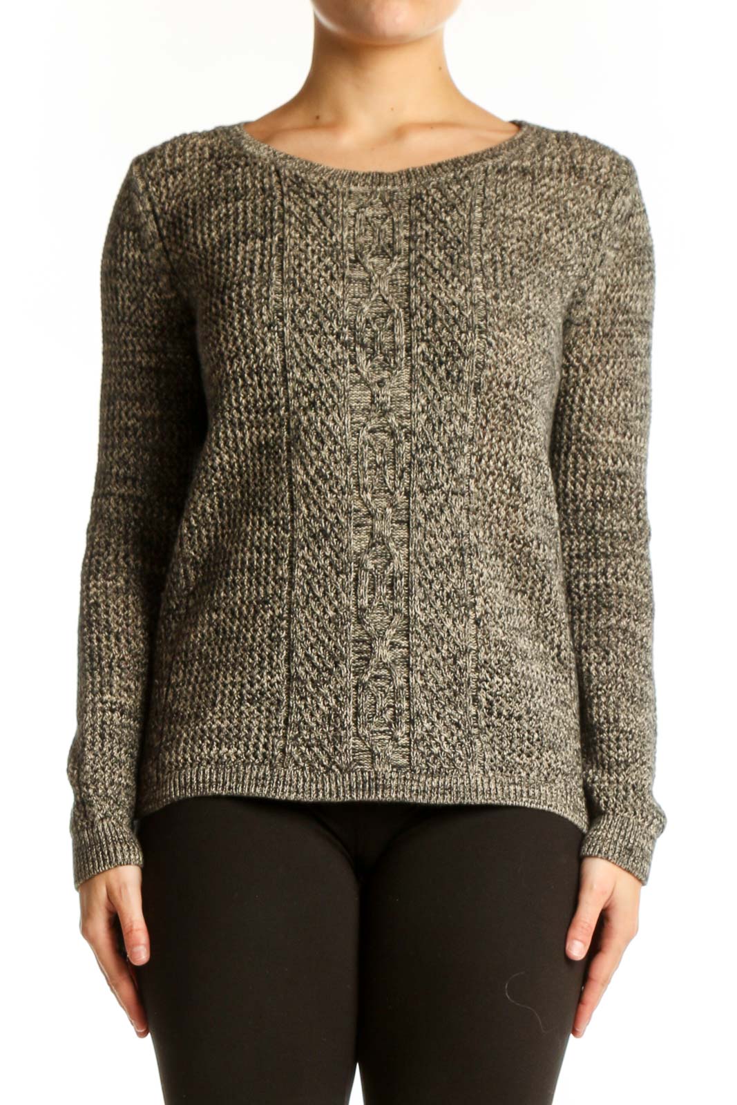 Gray Cable Knit Cotton Pullover Sweater Front