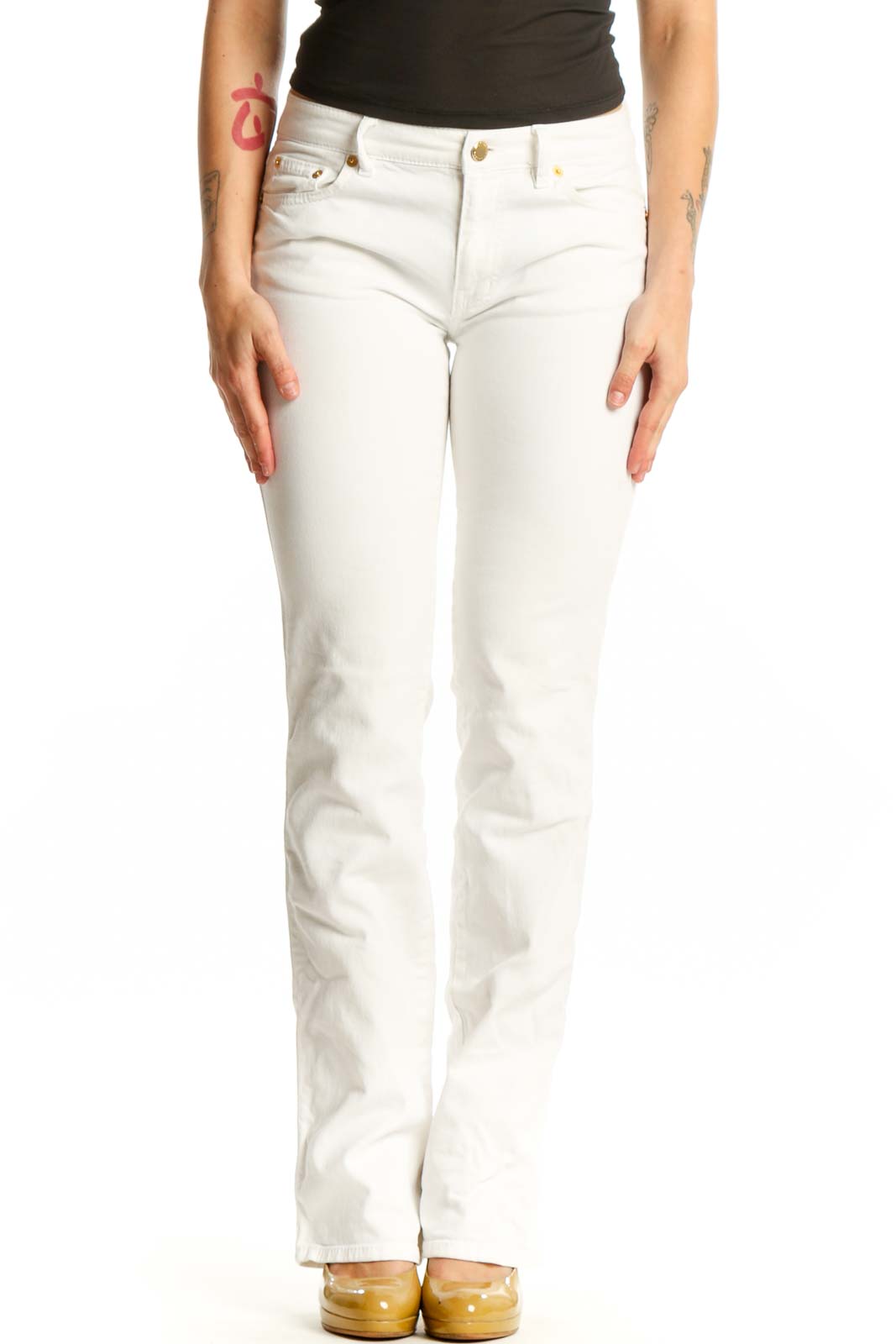 White Denim Straight Leg Jeans Front
