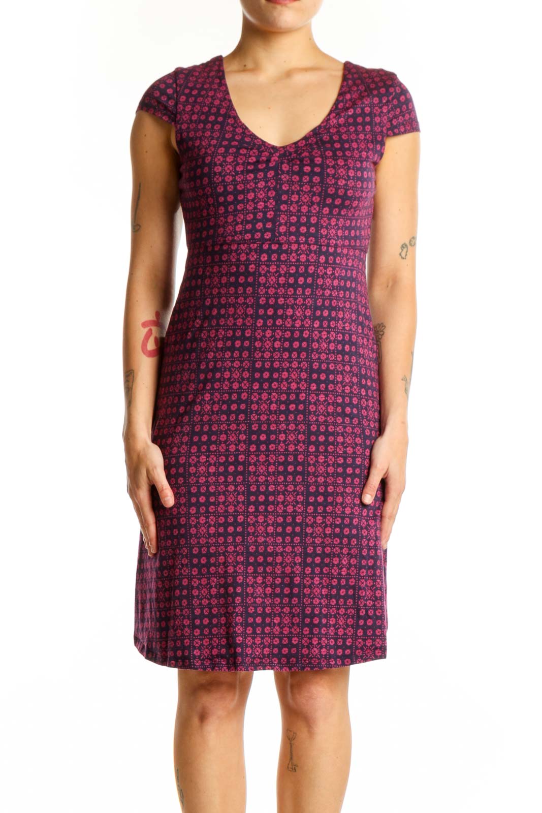 Burgundy Geometric Print Cap Sleeve Dress Front