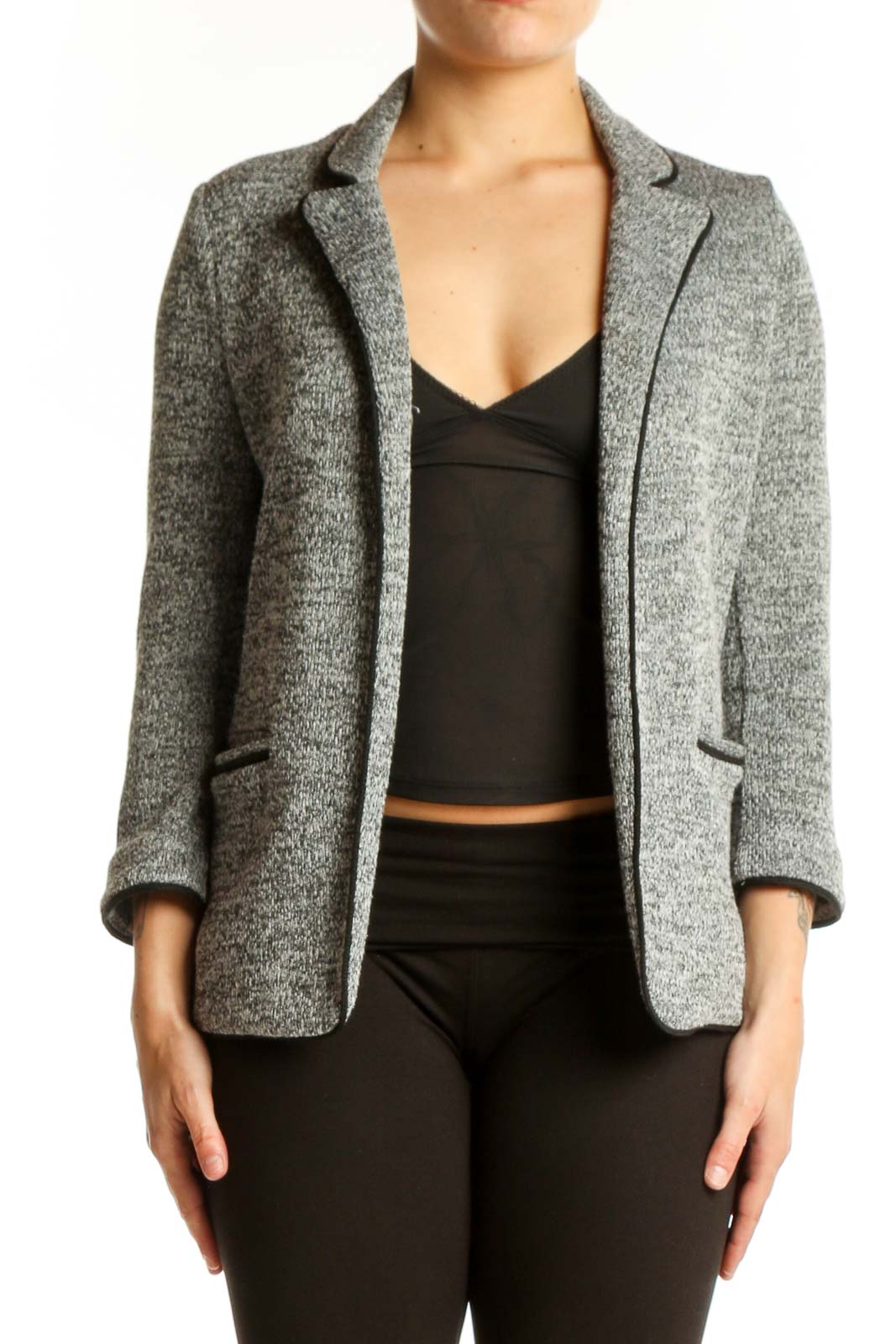 Gray Knit Blazer with Three-Quarter Sleeves Front