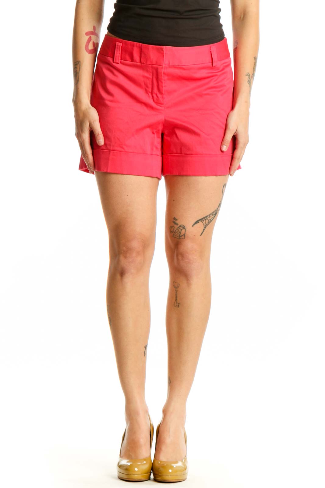 Red Cotton Spandex Shorts Front