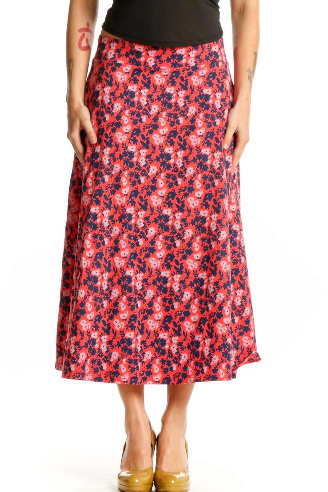Red Floral A-Line Midi Skirt Front
