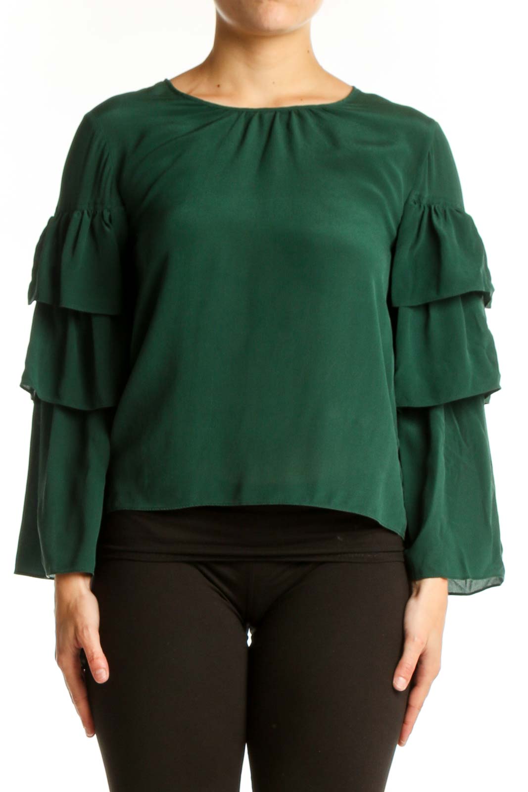 Green Silk Ruffle Sleeve Blouse Front