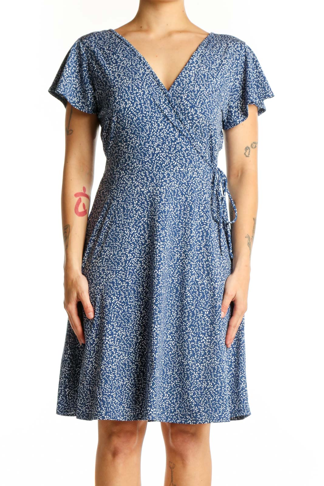 Blue Floral Wrap Midi Dress Front