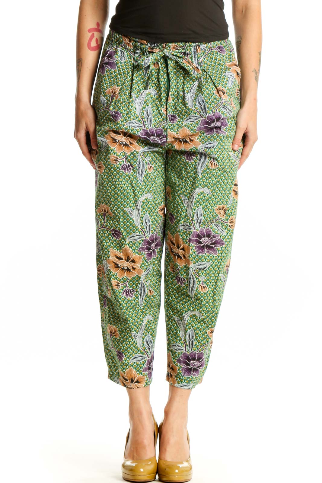 Green Floral Cropped Cotton Pants Front