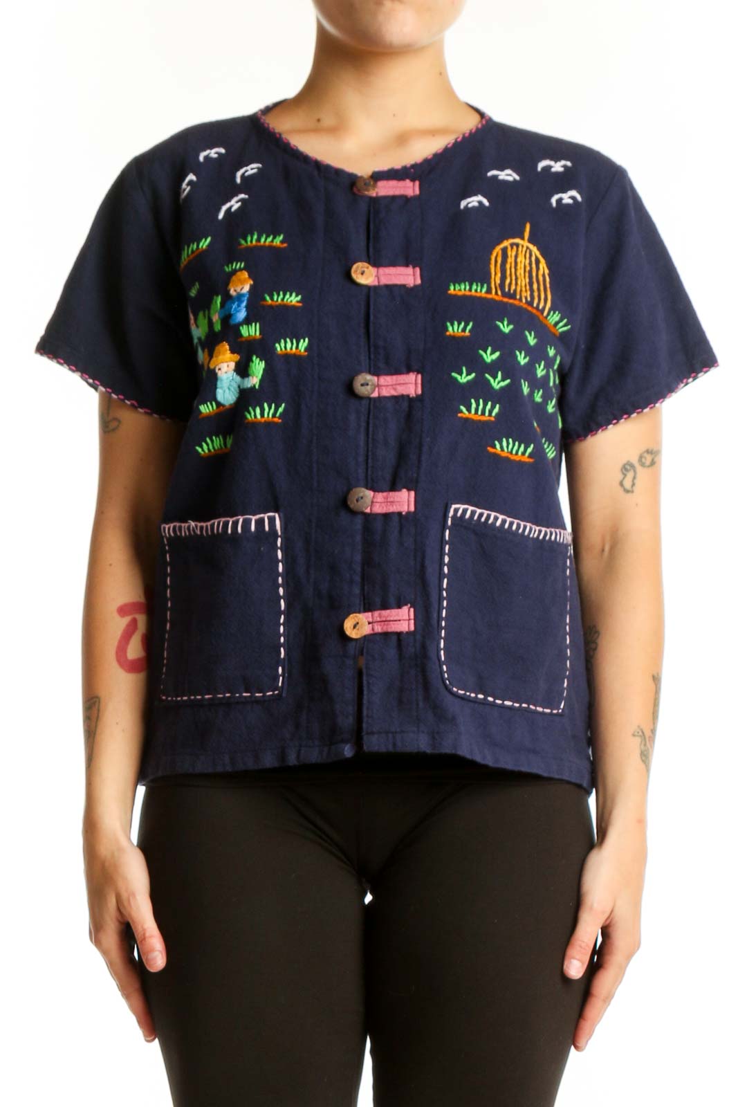 Navy Embroidered Button-Up Short Sleeve Top Front
