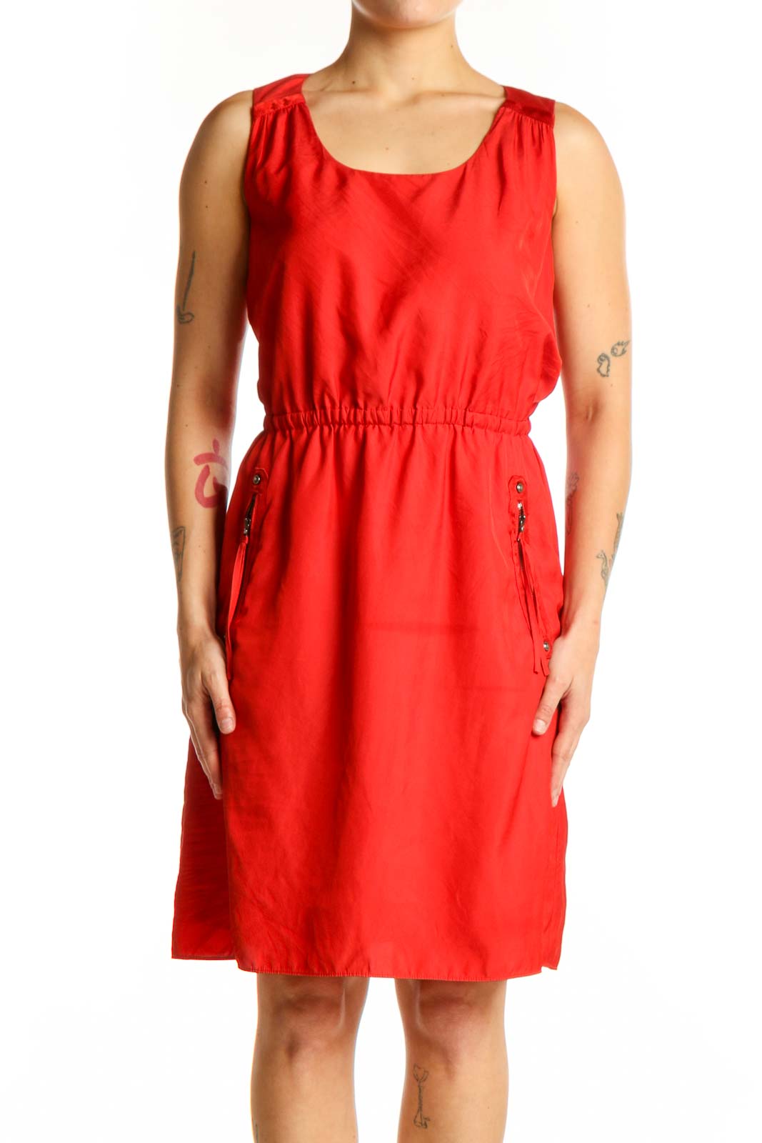 Red Sleeveless A-Line Dress with Cinched Waist Front