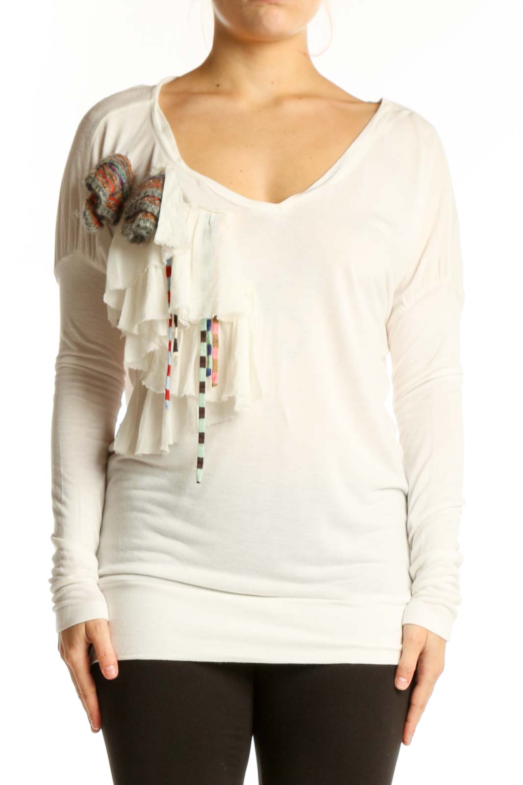 Cream Viscose Long Sleeve Top with Tassel Detail Front