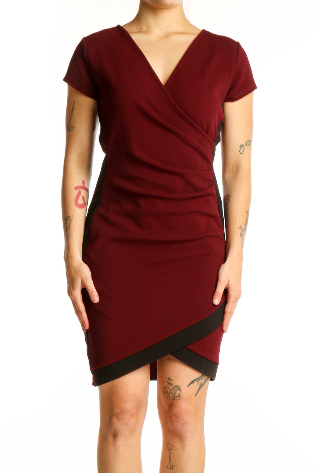 Burgundy Wrap Short Sleeve Dress Front