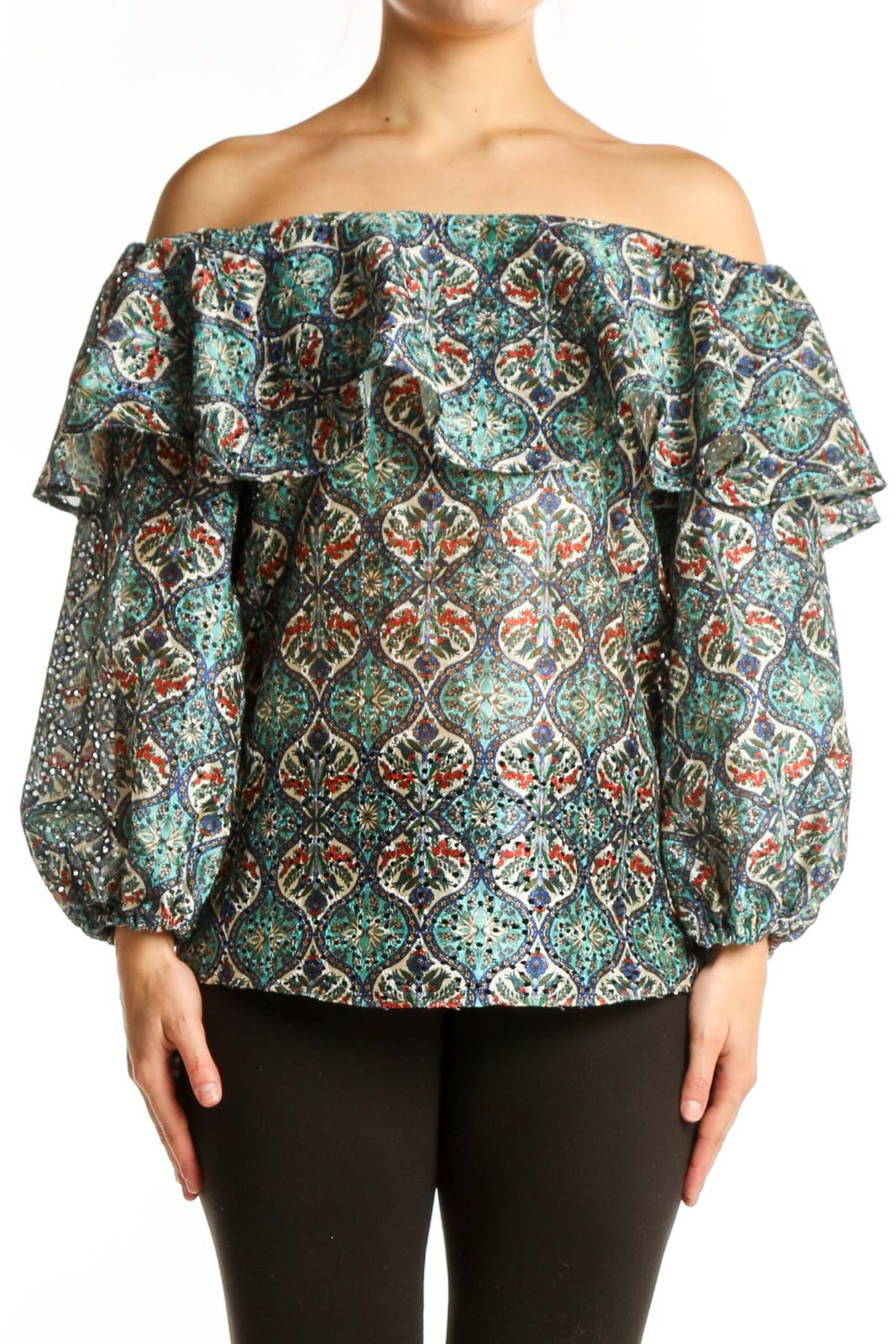 Multicolor Ornate Off-Shoulder Ruffle Top Front