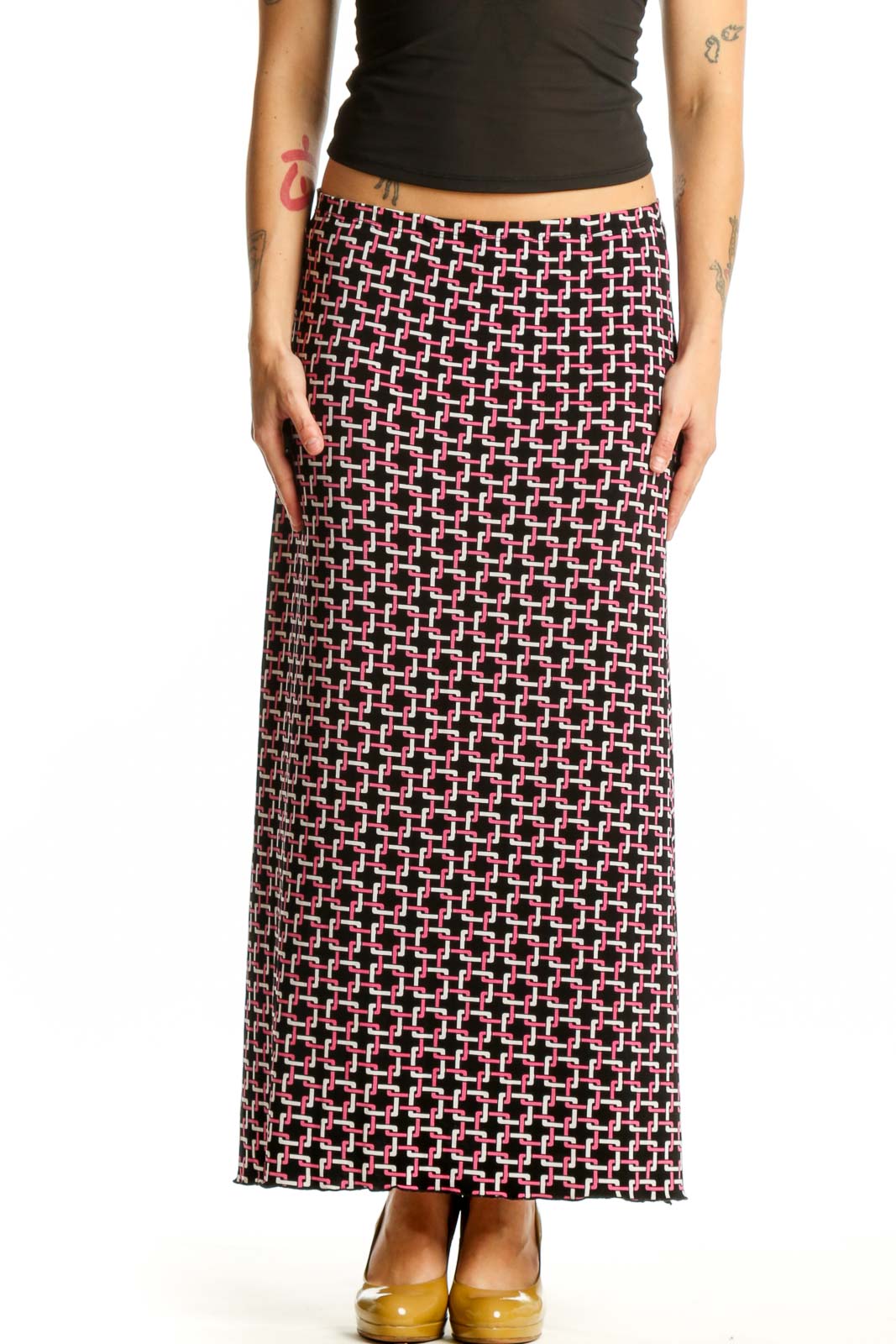 Burgundy Geometric Print Maxi Skirt Front