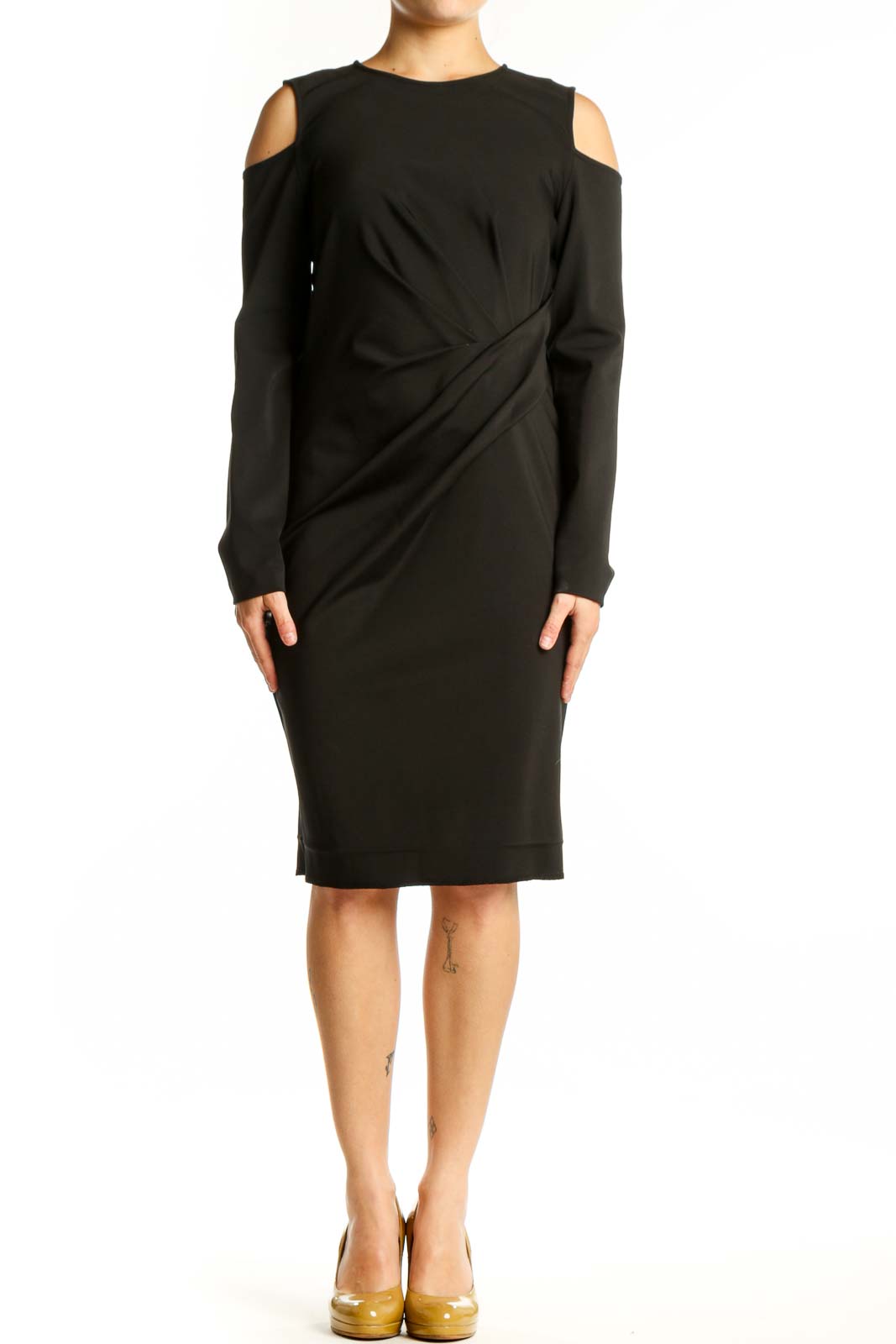 Black Cold Shoulder Wrap Dress Front
