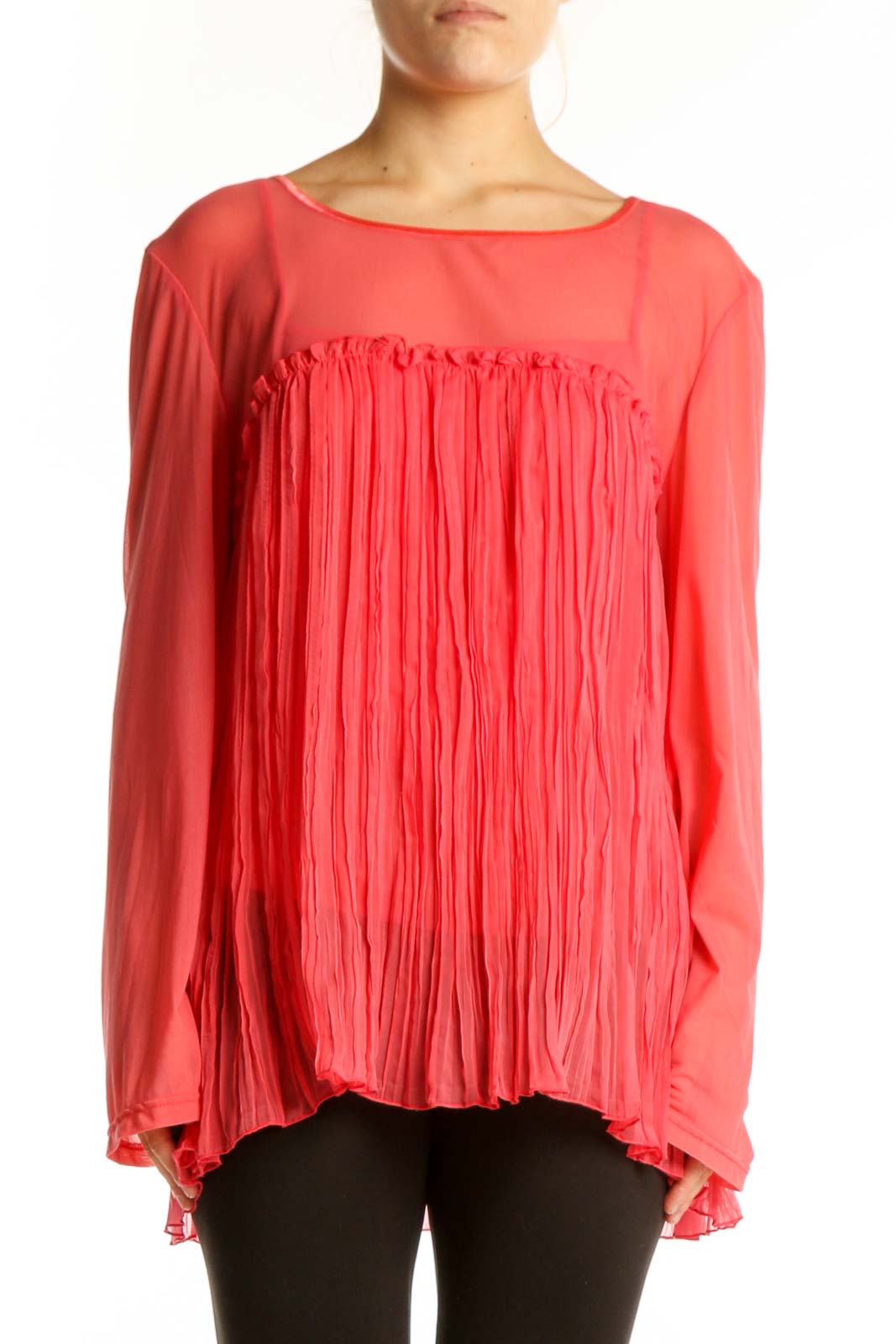 Red Pleated Long Sleeve Top Front
