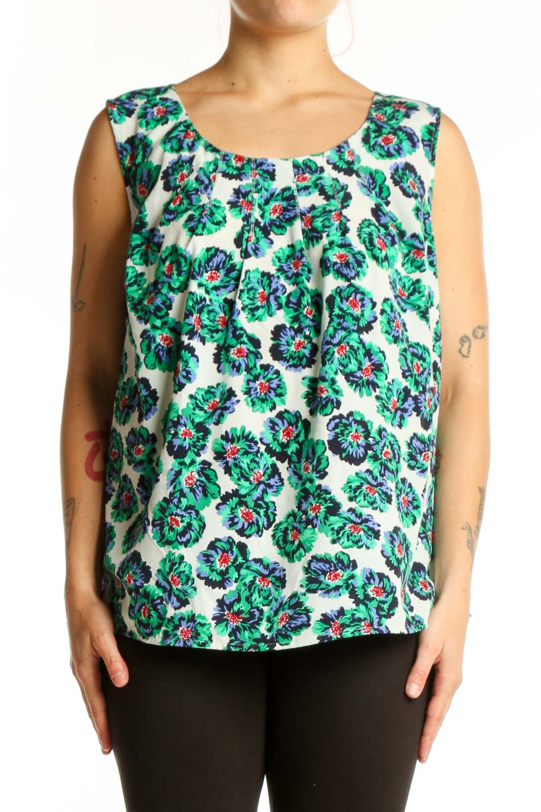 Cream Floral Print Sleeveless Tank Top Front