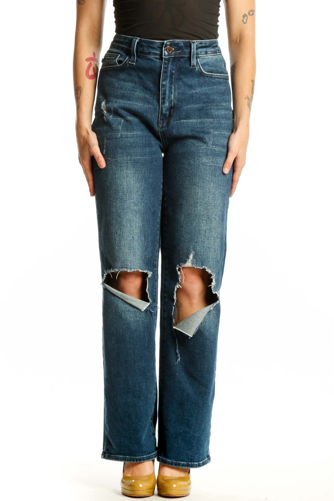 Blue Distressed Knee Rip Denim Jeans Front