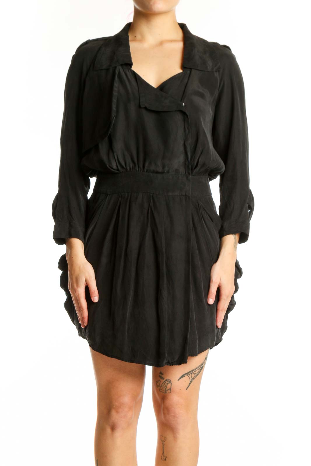 Black Silk Wrap Dress with Collar Front