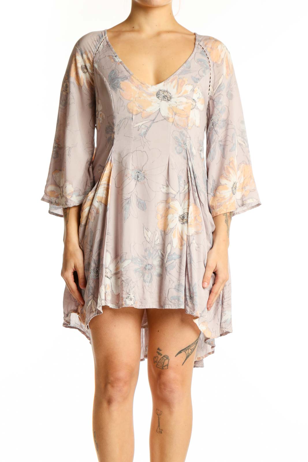Beige Floral Print Rayon Dress Front