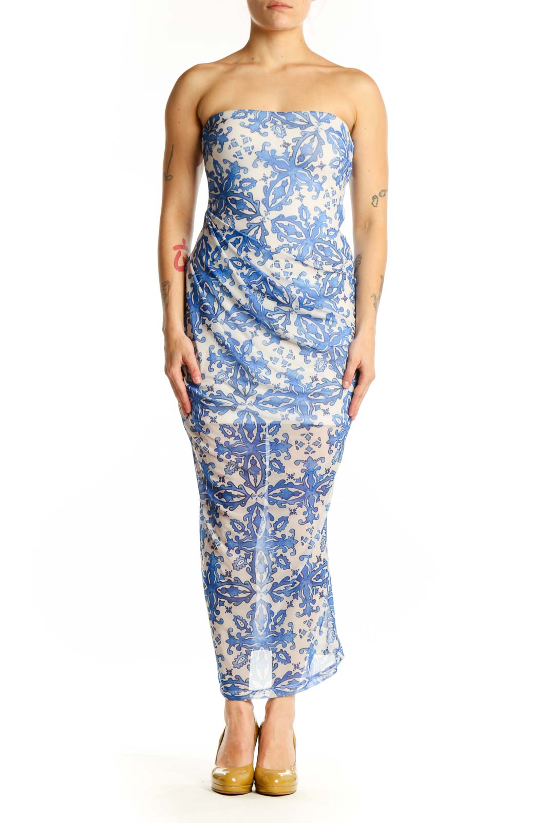 Blue Floral Strapless Maxi Dress Front