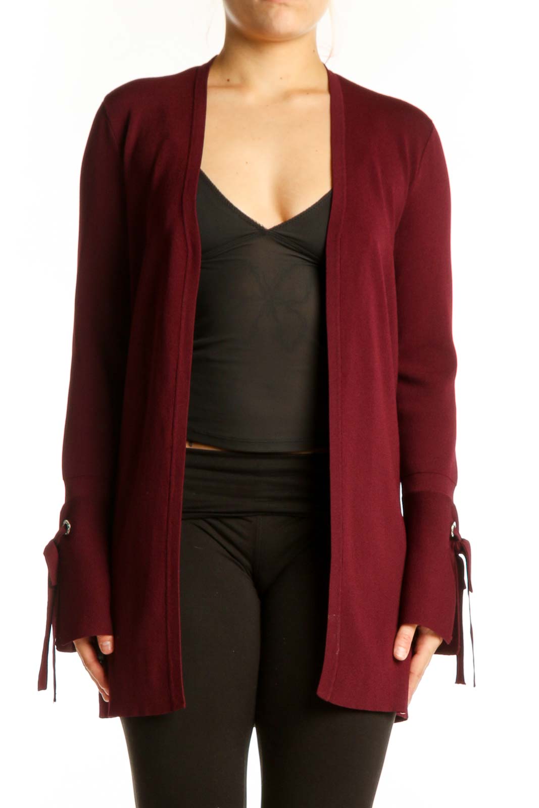 Burgundy Open Front Cardigan with Tie Cuffs Front