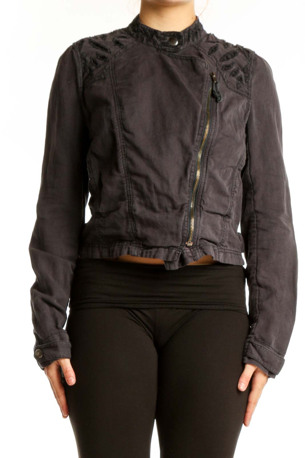 Black Cotton Linen Cropped Biker Jacket Front