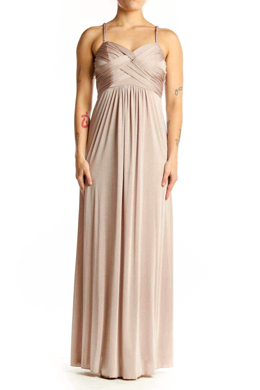 Beige Pleated Sweetheart Maxi Dress Front