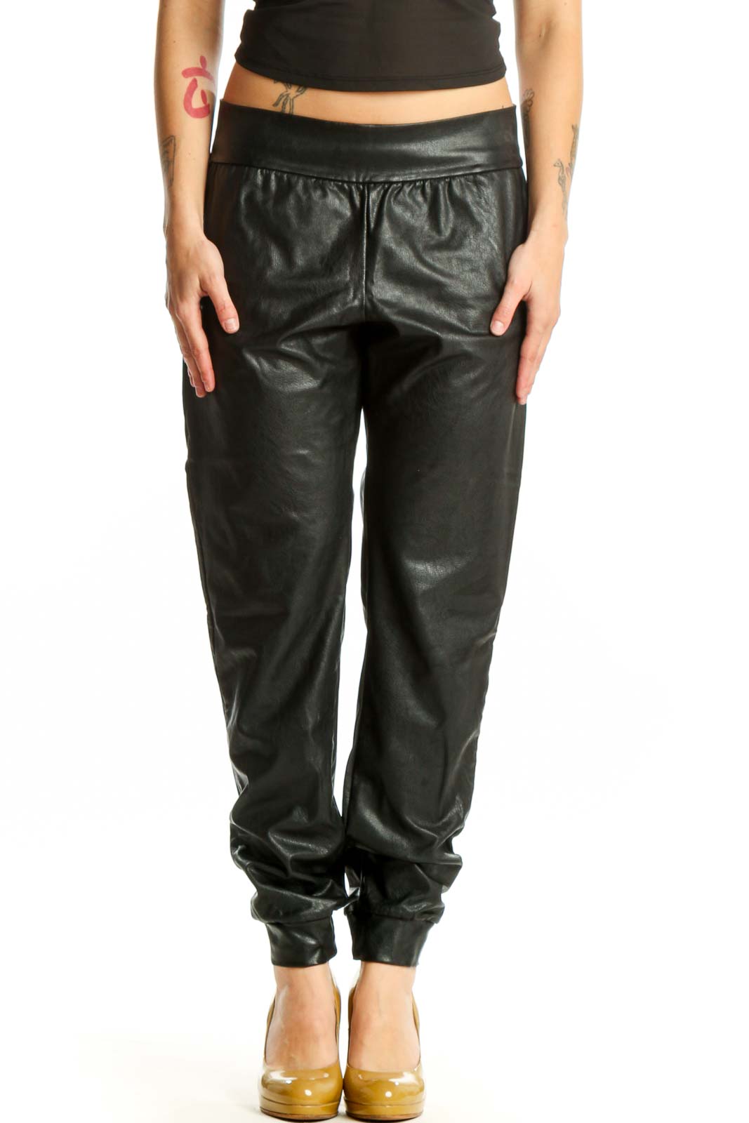 Black Leather Jogger Pants Front