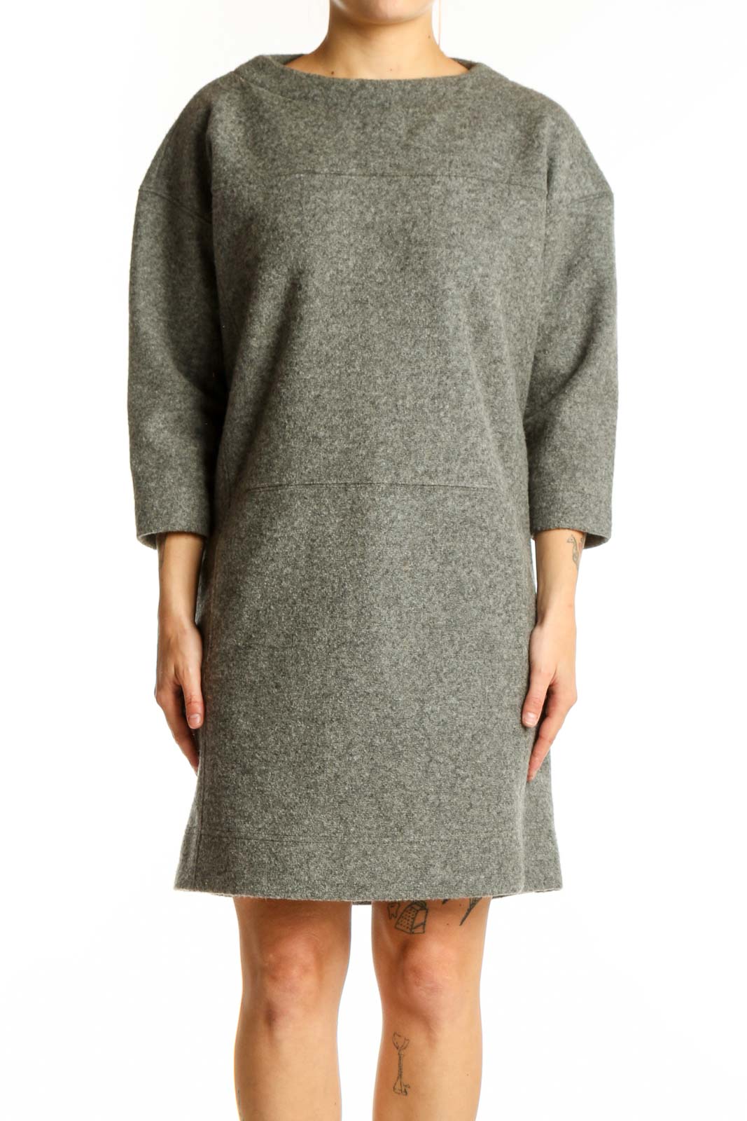 Gray Wool Blend Shift Dress Front
