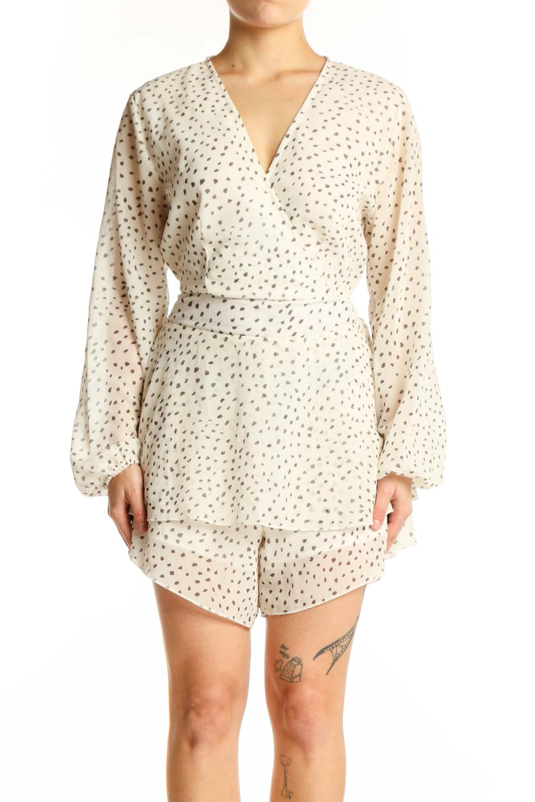 Cream Polka Dot Wrap Romper Front