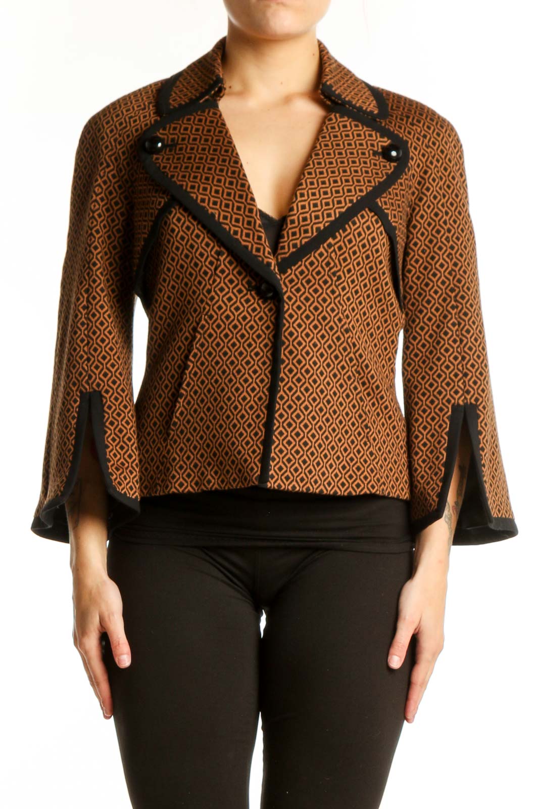 Brown Geometric Patterned Blazer Jacket Front