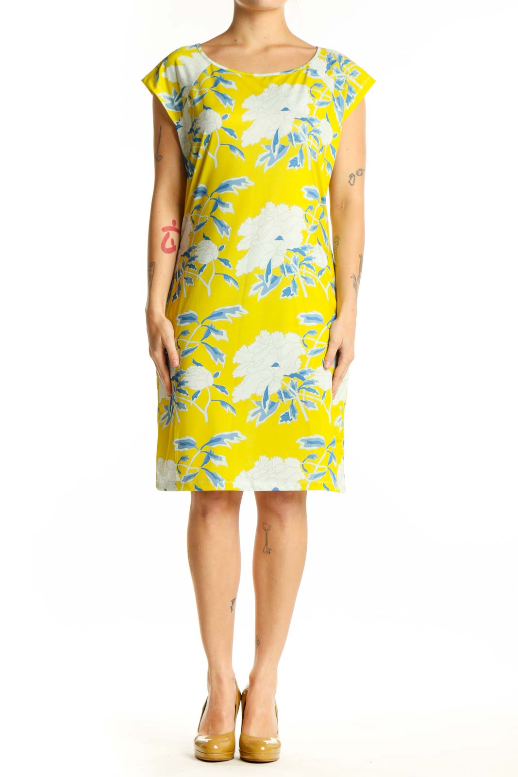 Yellow Floral Print Shift Dress Front