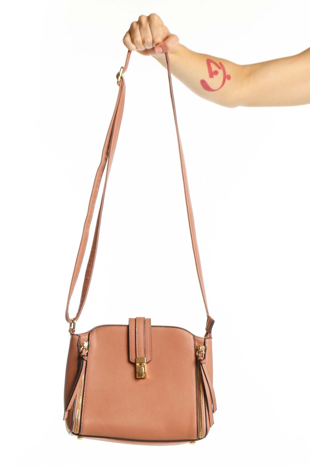Tan Structured Crossbody Bag with Zip Details Front