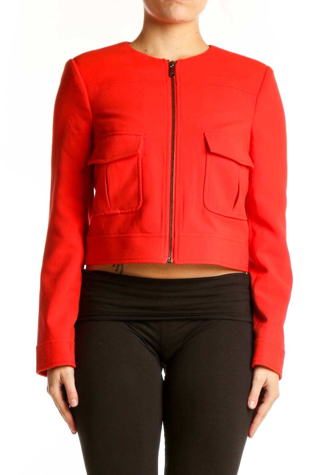 Red Cropped Utility Jacket with Pockets Front