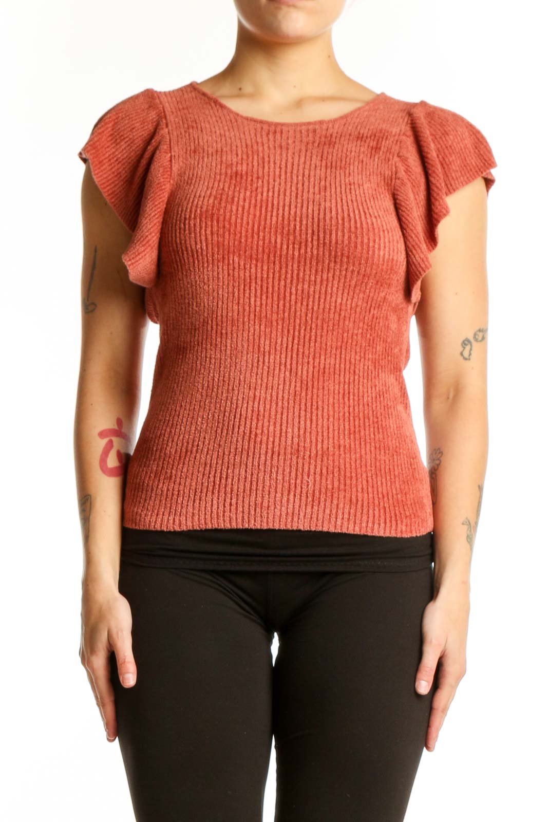 Rust Ribbed Ruffle Cap Sleeve Top Front