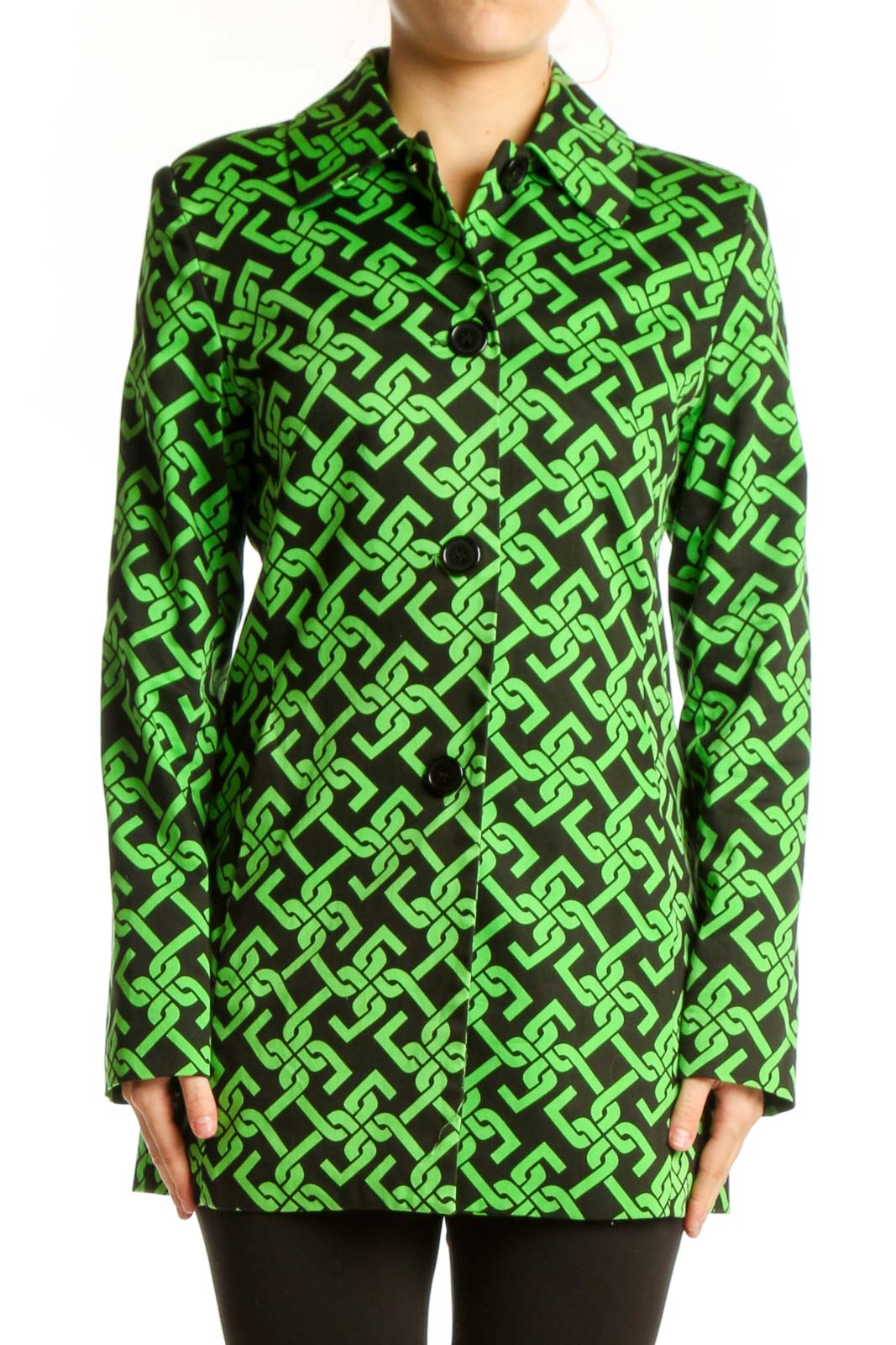 Green Geometric Print Button-Up Jacket Front