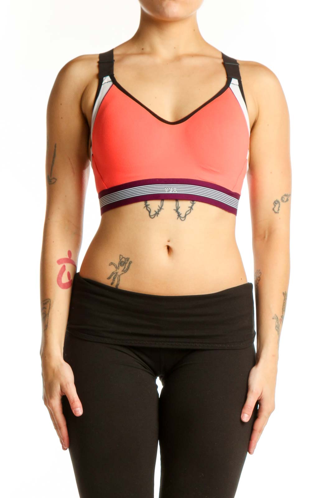 Coral Sport Bra with Black Trim Front