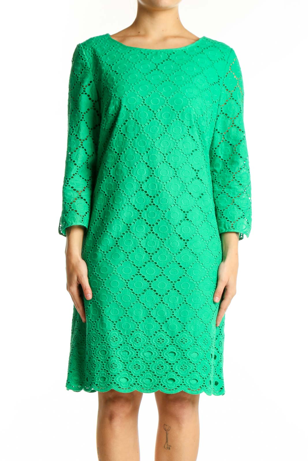 Green Eyelet Lace A-Line Dress Front