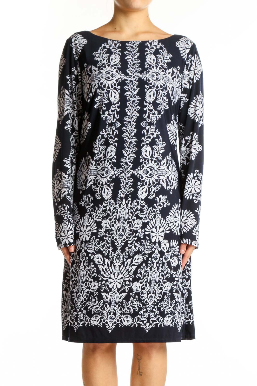 Black Damask Floral Long Sleeve Dress Front